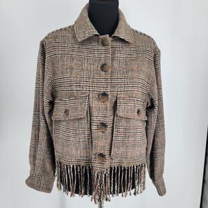 MB Womens XS Brown Glen Plaid Cropped Fringe Hem Pockets Shirt Trucker Jacket